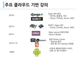 주요 클라우드 기반 강의
2013~14
서강대 게임아카데미 스터디,
신한, KT 등 프리랜서
2009
삼성 Ocean Center
- Startup 준비
- 강의 및 다수 Startup 컨설팅
2016~
Open API 강의
- 대구대, 원광대, 기타
- Cloud, ThinkQ, Azure, AWS
2015~
Open source ERP/CRM
cloud / docker
2015~
MQTT, Open API
- Cloud, ThinkQ, Azure, AWS
 