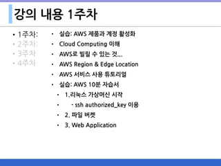 강의 내용 1주차
•1주차:
•2주차:
•3주차
•4주차
• 실습: AWS 제품과 계정 활성화
• Cloud Computing 이해
• AWS로 빌릴 수 있는 것...
• AWS Region & Edge Location
• AWS 서비스 사용 튜토리얼
• 실습: AWS 10분 자습서
• 1.리눅스 가상머신 시작
• - ssh authorized_key 이용
• 2. 파일 버켓
• 3. Web Application
 
