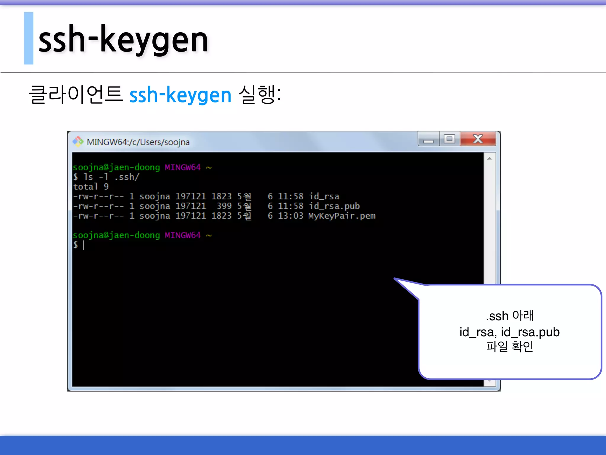 ssh-keygen
클라이언트 ssh-keygen 실행:
.ssh 아래
id_rsa, id_rsa.pub
파일 확인
 
