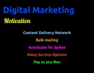 Digital Marketing
Motivation
       Content Delivery Network
              Bulk mailing
         AutoScale for Spikes
         Many Service Options
             Pay as you Run
 