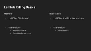 Lambda Billing Basics
Memory
- xx USD / GB-Second
- Dimensions
- Memory in GB
- Duration in Seconds
Invocations
- xx USD / 1 Million invocations
- Dimensions
- Invocations
 