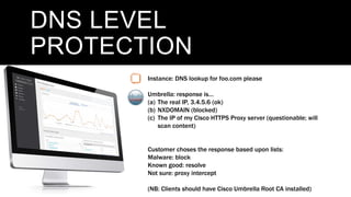DNS LEVEL
PROTECTION
Instance: DNS lookup for foo.com please
Umbrella: response is…
(a) The real IP, 3.4.5.6 (ok)
(b) NXDO...