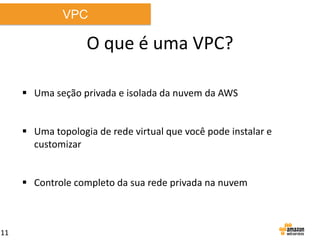 VPC

O que é uma VPC?
 Uma seção privada e isolada da nuvem da AWS
 Uma topologia de rede virtual que você pode instalar e
customizar
 Controle completo da sua rede privada na nuvem

11

 