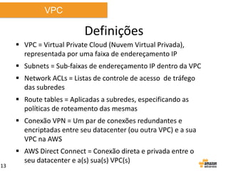 VPC

Definições
 VPC = Virtual Private Cloud (Nuvem Virtual Privada),
representada por uma faixa de endereçamento IP
 Subnets = Sub-faixas de endereçamento IP dentro da VPC
 Network ACLs = Listas de controle de acesso de tráfego
das subredes
 Route tables = Aplicadas a subredes, especificando as
políticas de roteamento das mesmas
 Conexão VPN = Um par de conexões redundantes e
encriptadas entre seu datacenter (ou outra VPC) e a sua
VPC na AWS

13

 AWS Direct Connect = Conexão direta e privada entre o
seu datacenter e a(s) sua(s) VPC(s)

 