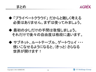 まとめ


 ◆ 「プライベートクラウド」 だからと難しく考える
   必要はありません。まずは使ってみましょう。

 ◆ 最初の少しだけの手間は我慢しましょう。
  それだけで後々の自由度は格段に違います。

 ◆ サブネット、ルートテーブル、ゲートウェイ ・・・
   使いこなせるようになると、(きっと) さらなる
   世界が開けます！



Copyright © 2013 AGREX INC.   15
 