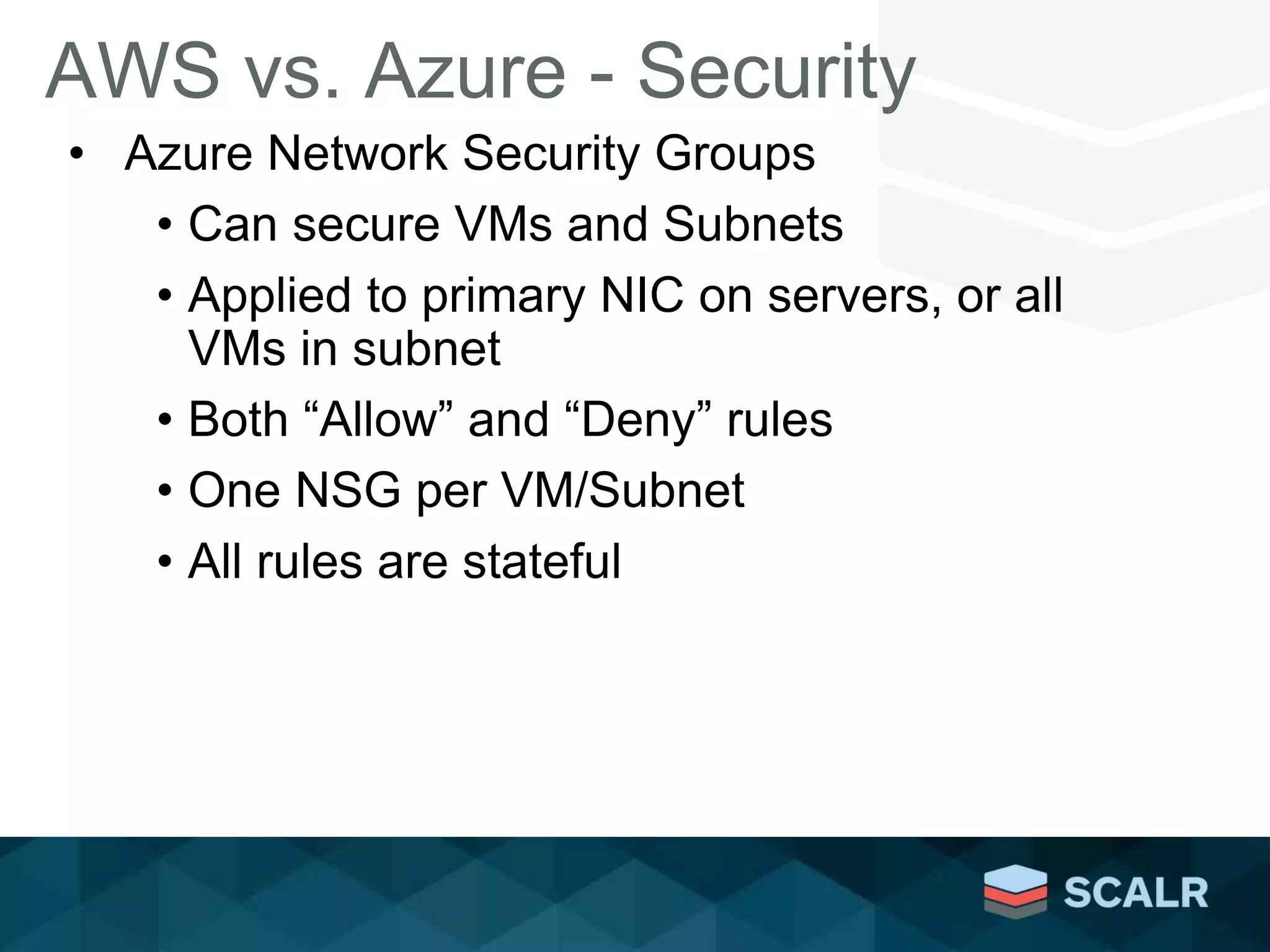 AWS vs. Azure - Security
• Azure Network Security Groups
• Can secure VMs and Subnets
• Applied to primary NIC on servers, or all
VMs in subnet
• Both “Allow” and “Deny” rules
• One NSG per VM/Subnet
• All rules are stateful
 