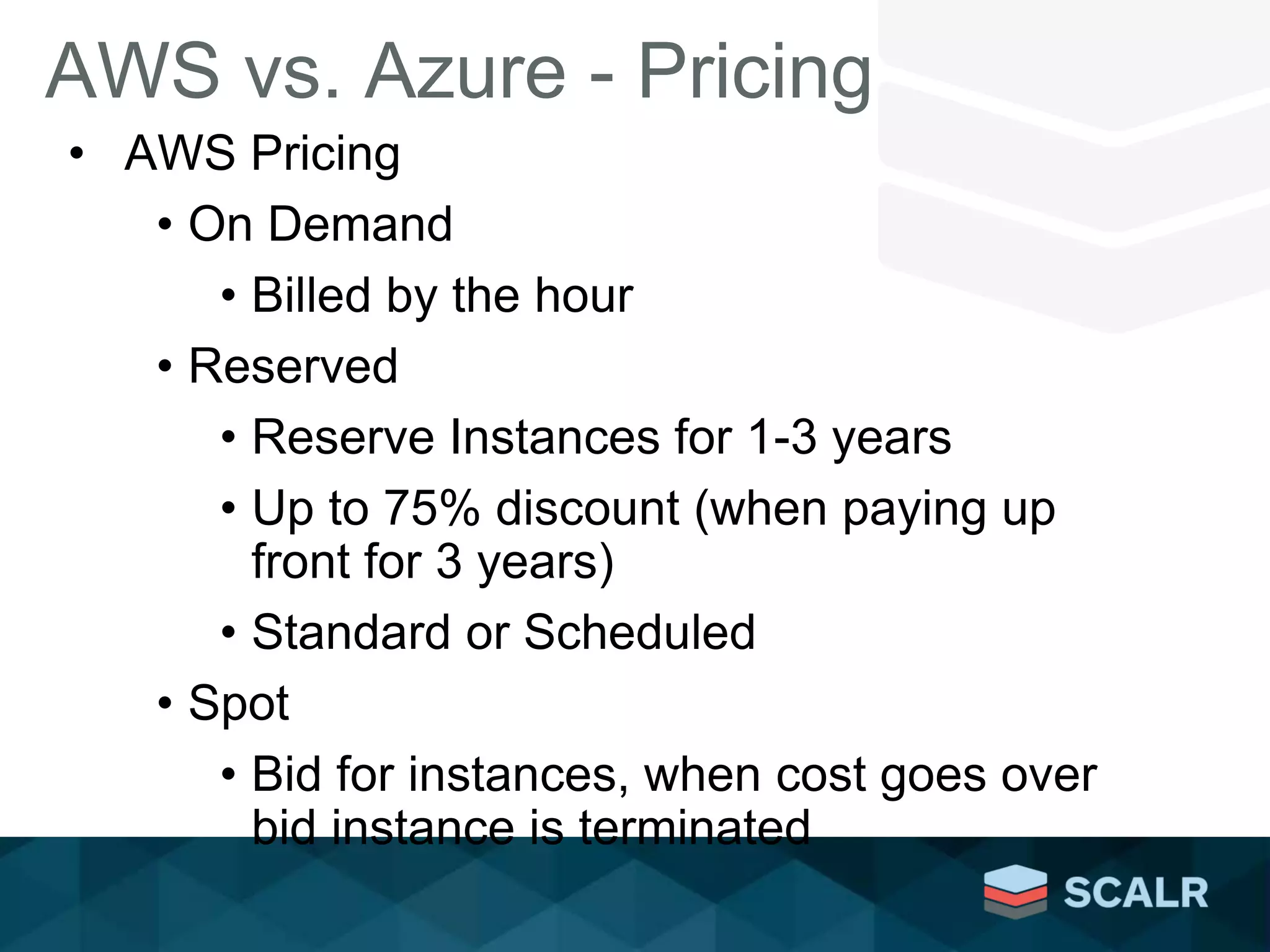 AWS vs. Azure - Pricing
• AWS Pricing
• On Demand
• Billed by the hour
• Reserved
• Reserve Instances for 1-3 years
• Up to 75% discount (when paying up
front for 3 years)
• Standard or Scheduled
• Spot
• Bid for instances, when cost goes over
bid instance is terminated
 