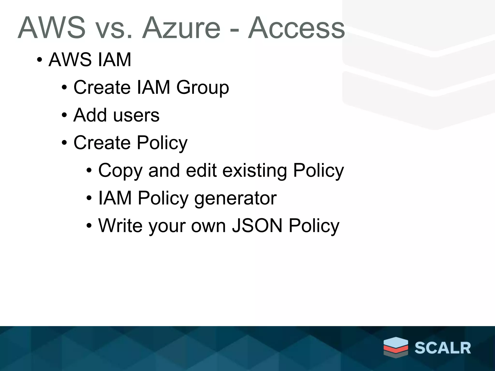 AWS vs. Azure - Access
• AWS IAM
• Create IAM Group
• Add users
• Create Policy
• Copy and edit existing Policy
• IAM Policy generator
• Write your own JSON Policy
 