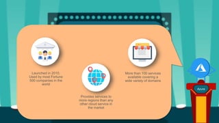 Azure
Launched in 2010.
Used by most Fortune
500 companies in the
world
Provides services to
more regions than any
other cloud service in
the market
More than 100 services
available covering a
wide variety of domains
 