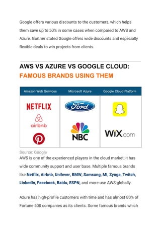 Google offers various discounts to the customers, which helps 
them save up to 50% in some cases when compared to AWS and 
Azure. Gartner stated Google offers wide discounts and especially 
flexible deals to win projects from clients. 
AWS VS AZURE VS GOOGLE CLOUD:
FAMOUS BRANDS USING THEM
Source: Google 
AWS is one of the experienced players in the cloud market; it has 
wide community support and user base. Multiple famous brands 
like ​Netflix, Airbnb, Unilever, BMW, Samsung, MI, Zynga, Twitch, 
LinkedIn, Facebook, Baidu, ESPN,​ ​and more use AWS globally. 
Azure has high-profile customers with time and has almost 80% of 
Fortune 500 companies as its clients. Some famous brands which 
 