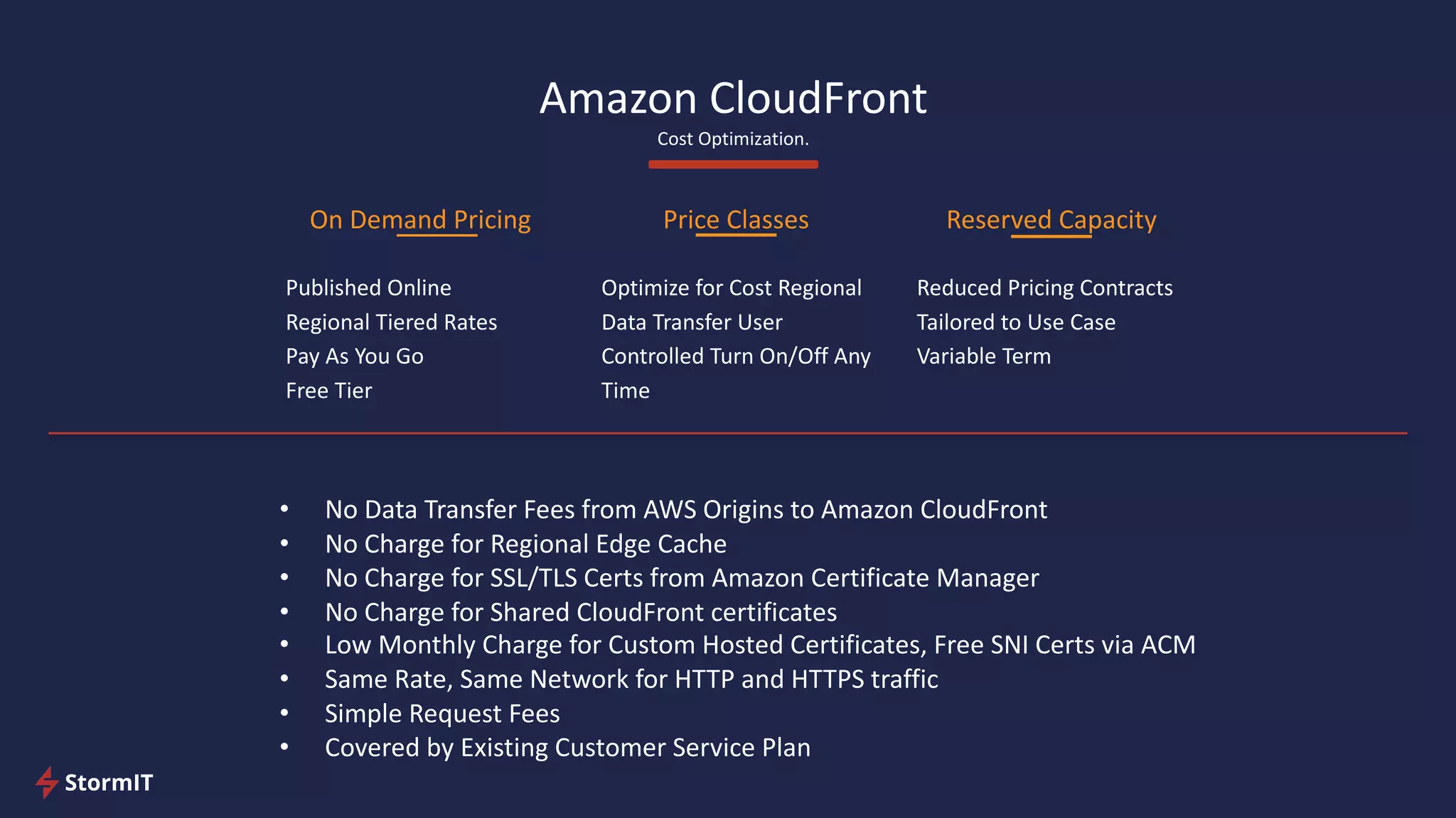 Amazon CloudFront
Cost Optimization.
On Demand Pricing
Published Online
Regional Tiered Rates
Pay As You Go
Free Tier
Reserved Capacity
Reduced Pricing Contracts
Tailored to Use Case
Variable Term
Price Classes
Optimize for Cost Regional
Data Transfer User
Controlled Turn On/Off Any
Time
• No Data Transfer Fees from AWS Origins to Amazon CloudFront
• No Charge for Regional Edge Cache
• No Charge for SSL/TLS Certs from Amazon Certificate Manager
• No Charge for Shared CloudFront certificates
• Low Monthly Charge for Custom Hosted Certificates, Free SNI Certs via ACM
• Same Rate, Same Network for HTTP and HTTPS traffic
• Simple Request Fees
• Covered by Existing Customer Service Plan
 