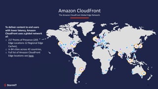 Amazon CloudFront
The Amazon CloudFront Global Edge Network.
17
To deliver content to end users
with lower latency, Amazon
CloudFront uses a global network
of:
o 217 Points of Presence (205
Edge Locations 12 Regional Edge
Caches),
o in 84 cities across 42 countries,
o Full list of Amazon CloudFront
Edge locations see here.
 