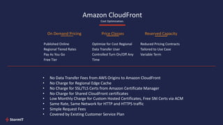 Amazon CloudFront
Cost Optimization.
On Demand Pricing
Published Online
Regional Tiered Rates
Pay As You Go
Free Tier
Reserved Capacity
Reduced Pricing Contracts
Tailored to Use Case
Variable Term
Price Classes
Optimize for Cost Regional
Data Transfer User
Controlled Turn On/Off Any
Time
• No Data Transfer Fees from AWS Origins to Amazon CloudFront
• No Charge for Regional Edge Cache
• No Charge for SSL/TLS Certs from Amazon Certificate Manager
• No Charge for Shared CloudFront certificates
• Low Monthly Charge for Custom Hosted Certificates, Free SNI Certs via ACM
• Same Rate, Same Network for HTTP and HTTPS traffic
• Simple Request Fees
• Covered by Existing Customer Service Plan
 