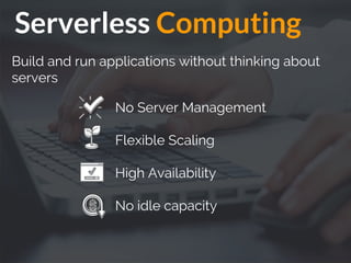 Serverless Computing
Build and run applications without thinking about
servers
No Server Management
Flexible Scaling
High Availability
No idle capacity
 