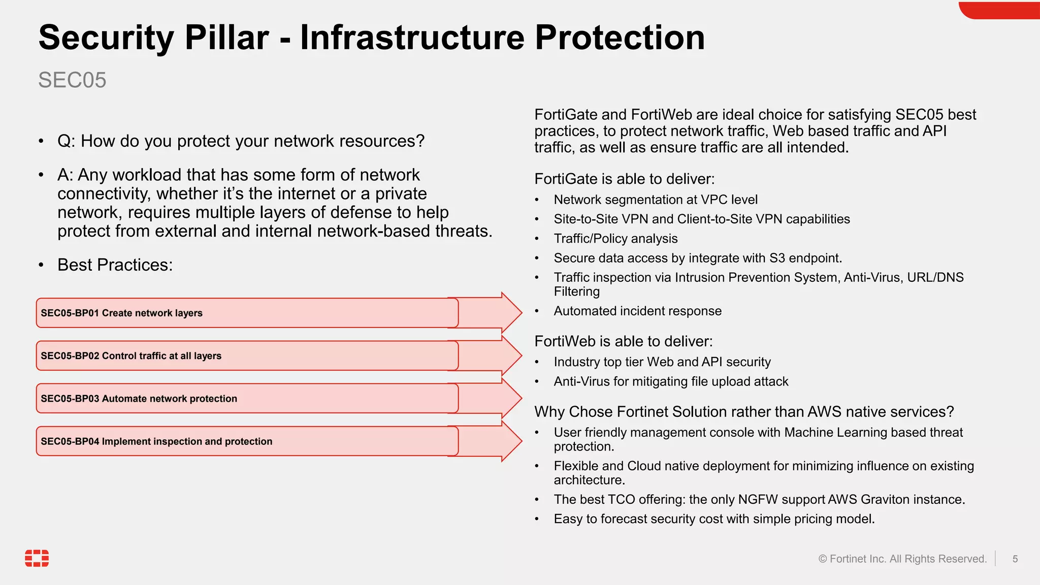 5
© Fortinet Inc. All Rights Reserved.
• Q: How do you protect your network resources?
• A: Any workload that has some form of network
connectivity, whether it’s the internet or a private
network, requires multiple layers of defense to help
protect from external and internal network-based threats.
• Best Practices:
FortiGate and FortiWeb are ideal choice for satisfying SEC05 best
practices, to protect network traffic, Web based traffic and API
traffic, as well as ensure traffic are all intended.
FortiGate is able to deliver:
• Network segmentation at VPC level
• Site-to-Site VPN and Client-to-Site VPN capabilities
• Traffic/Policy analysis
• Secure data access by integrate with S3 endpoint.
• Traffic inspection via Intrusion Prevention System, Anti-Virus, URL/DNS
Filtering
• Automated incident response
FortiWeb is able to deliver:
• Industry top tier Web and API security
• Anti-Virus for mitigating file upload attack
Why Chose Fortinet Solution rather than AWS native services?
• User friendly management console with Machine Learning based threat
protection.
• Flexible and Cloud native deployment for minimizing influence on existing
architecture.
• The best TCO offering: the only NGFW support AWS Graviton instance.
• Easy to forecast security cost with simple pricing model.
Security Pillar - Infrastructure Protection
SEC05
SEC05-BP01 Create network layers
SEC05-BP02 Control traffic at all layers
SEC05-BP03 Automate network protection
SEC05-BP04 Implement inspection and protection
 