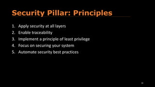 Security Pillar: Principles
10
1. Apply security at all layers
2. Enable traceability
3. Implement a principle of least privilege
4. Focus on securing your system
5. Automate security best practices
 