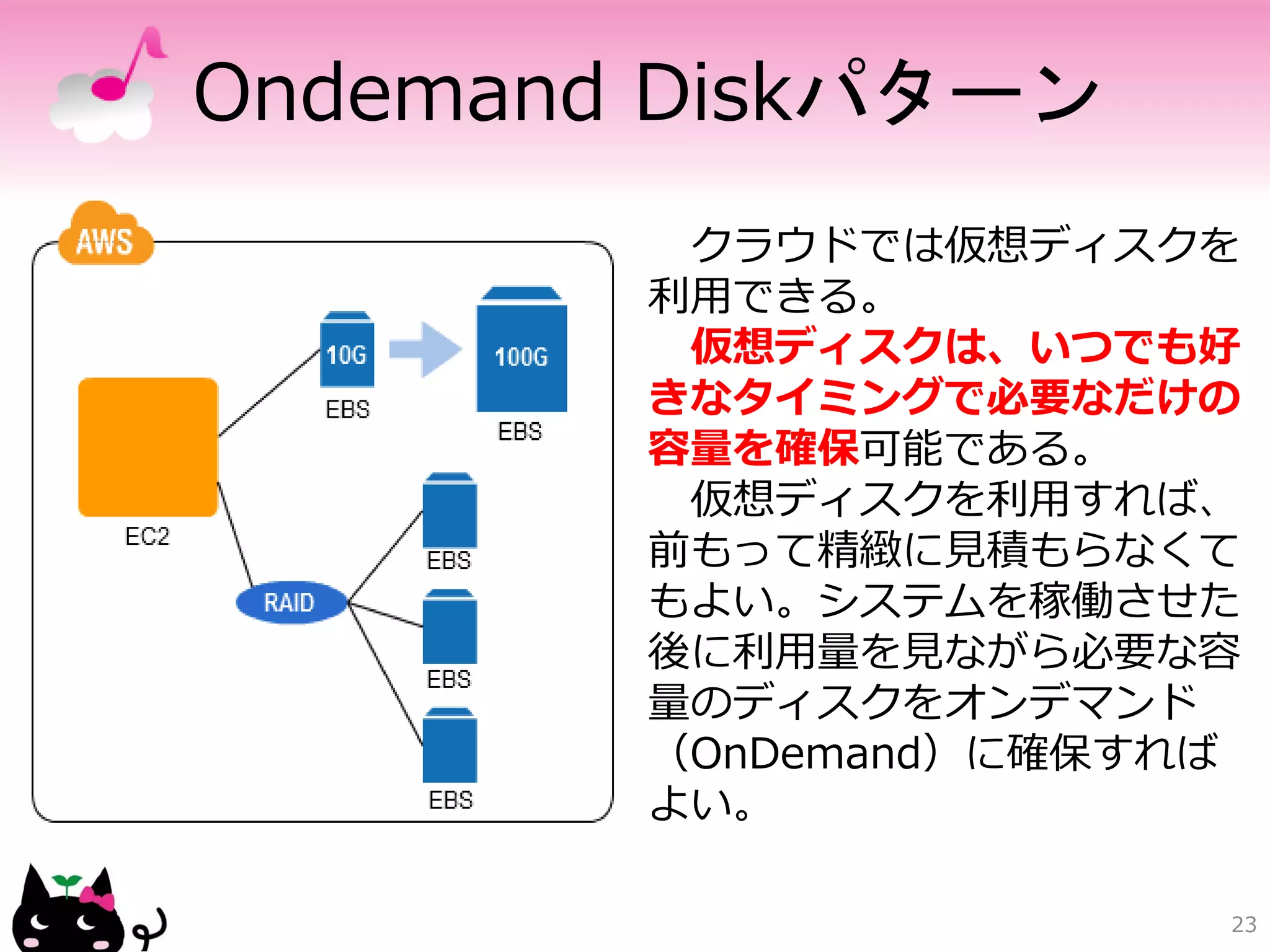 Stampパターン
        一度OSやミドルウエア、ア
       プリケーションの設定を行って
       しまえば、それらをコピーして
       おき、あたかも「Stamp（ス
       タンプ）」を押すかのように仮
       想サーバーを複製することで、
       環境設定済みの仮想サーバーを
       大量に用意できる。

        クラウドではサーバーやディ
       スクなどのリソースを論理的に
       扱えるため、こういった作業を
       容易に行うことができる。

                     23
 