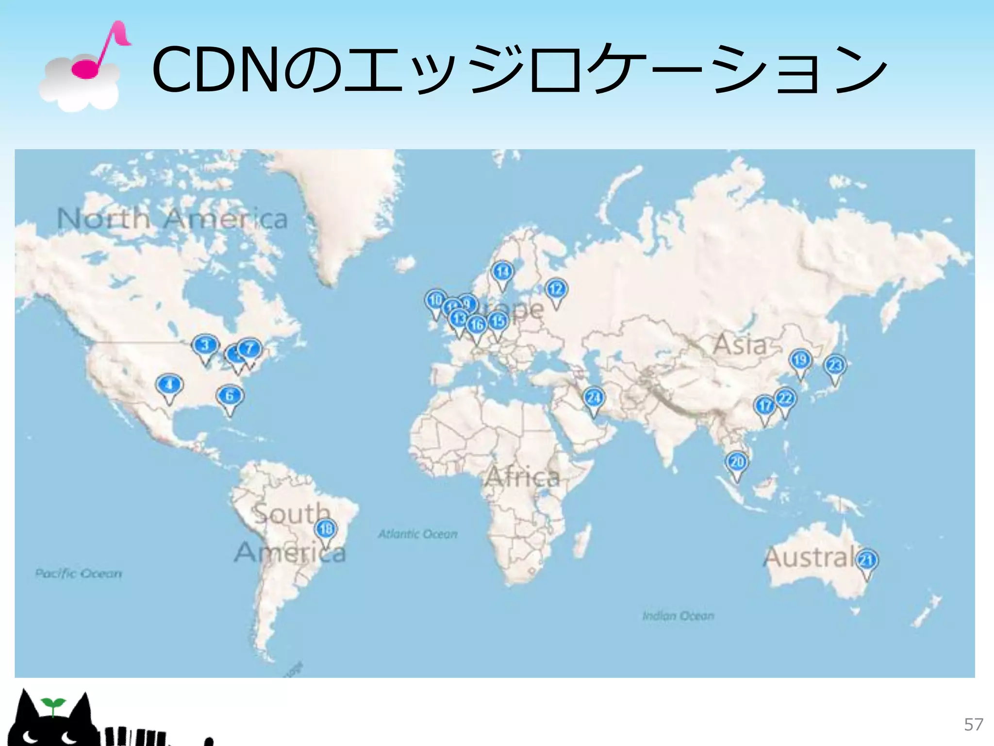 Web Storageパターン
        大容量のファイルをインター
        ネットストレージへ配置し、そ
        こから直接ファイルを配信する
        ことで、Webサーバーのネット
        ワーク負荷とディスク容量の問
        題を解決する。
         インターネットストレージに
        保存したオブジェクトは、公開
        設定にすることでユーザーに直
        接アクセスさせることができる。
        これを利用してインターネット
        ストレージから配信するように、
        Webサーバーのネットワーク負
        荷を下げることができる。
                     57
 