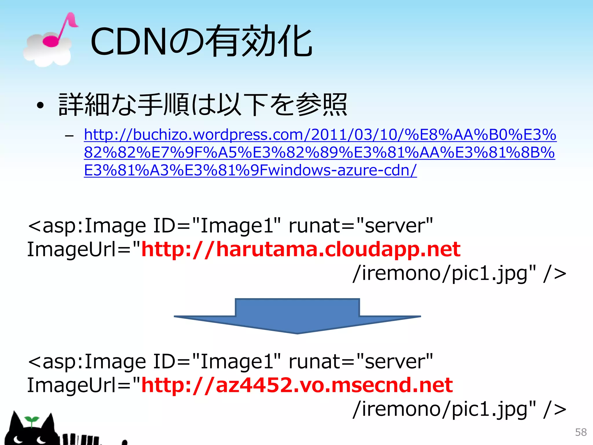 大きいファイルの配信
     日経システムズ「クラウド設計のデザインパターン」




http://itpro.nikkeibp.co.jp/article/COLUMN/20110713/362355/
                                                              58
 