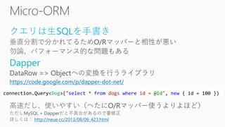 クエリは生SQLを手書き
Dapper
https://code.google.com/p/dapper-dot-net/
http://neue.cc/2013/08/06_423.html
connection.Query<Dog>("select * from dogs where id = @id", new { id = 100 })
 