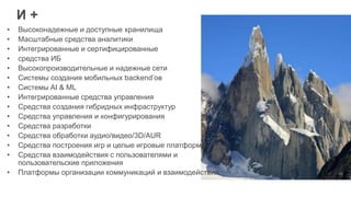 И +
• Высоконадежные и доступные хранилища
• Масштабные средства аналитики
• Интегрированные и сертифицированные
• средства ИБ
• Высокопроизводительные и надежные сети
• Системы создания мобильных backend’ов
• Системы AI & ML
• Интегрированные средства управления
• Средства создания гибридных инфраструктур
• Средства управления и конфигурирования
• Средства разработки
• Средства обработки аудио/видео/3D/AUR
• Средства построения игр и целые игровые платформы
• Средства взаимодействия с пользователями и
пользовательские приложения
• Платформы организации коммуникаций и взаимодействия
 