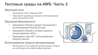 Тестовые среды на AWS. Часть 2
Эмуляция сети
• Эмулируйте LAN с помощью VPC
• Эмулируйте удаленные локации с использованием
других регионов & VPN
Эмуляция безопасности
• Эмулируйте firewall’ы уровня приложений с
использованием Security Groups
• Эмулируйте firewall’ы сетевого уровня с
использованием nACLs
• Эмулируйте свои IdP с использованием
Directory Service
Использование средств автоматизации
• Используйте те же средства автоматизации, которые
вы используете для своей инфраструктуры
 