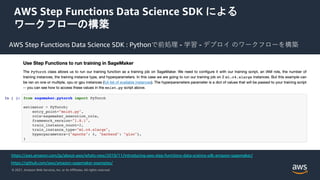 © 2021, Amazon Web Services, Inc. or its Affiliates. All rights reserved.
AWS Step Functions Data Science SDK による
ワークフローの構築
AWS Step Functions Data Science SDK : Pythonで前処理 - 学習 - デプロイ のワークフローを構築
https://aws.amazon.com/jp/about-aws/whats-new/2019/11/introducing-aws-step-functions-data-science-sdk-amazon-sagemaker/
https://github.com/aws/amazon-sagemaker-examples/
 