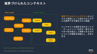 © 2021, Amazon Web Services, Inc. or its Affiliates. All rights reserved.
境界づけられたコンテキスト
境界づけられたコンテキストはユビ
キタス言語によって設計されたモデ
ルを適用できる限定された範囲
コンテキストの境界を定めることで
、チームメンバーは何を一致させる
べきで何を独立して開発できるのか
についての理解を明確化し、共有で
きる
https://www.martinfowler.com/bliki/BoundedContext.html
Customer
Ticket
Product
Product
version
Customer
Product
Territory
Opportunity
Pipeline
Salesperson
Defect
Sales context Support context
 