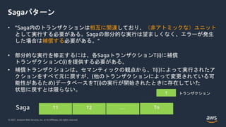 © 2021, Amazon Web Services, Inc. or its Affiliates. All rights reserved.
Sagaパターン
• ”Saga内のトランザクションは相互に関連しており、（非アトミックな）ユニット
として実行する必要がある。Sagaの部分的な実行は望ましくなく、エラーが発生
した場合は補償する必要がある。”
• 部分的な実行を修正するには、各SagaトランザクションT(i)に補償
トランザクションC(i)を提供する必要がある。
• 補償トランザクションは、セマンティックの観点から、T(i)によって実行されたア
クションをすべて元に戻すが、(他のトランザクションによって変更されている可
能性があるため)データベースをT(i)の実行が開始されたときに存在していた
状態に戻すとは限らない。
 