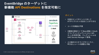 © 2021, Amazon Web Services, Inc. or its Affiliates. All rights reserved.
EventBridge のターゲットに
新機能 API Destinations を指定可能に
ポイント
• 任意のエンドポイントに対して
HTTPリクエストを送ることができる
• コードの実装は不要
• 3種類の認証タイプ (Basic認証 / OAuth
クライアントクレデンシャル / API
キー) を利用可能。クレデンシャルは
AWS Secrets Manager で管理。
• 入力値のカスタマイズやリトライ、
呼び出しレートの調整も可能
 