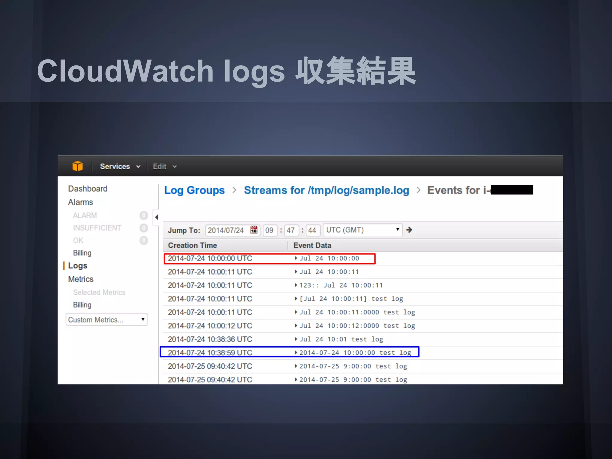 CloudWatch logs 収集結果
 