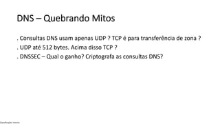 Classificação: Interna
DNS – Quebrando Mitos
. Consultas DNS usam apenas UDP ? TCP é para transferência de zona ?
. UDP at...