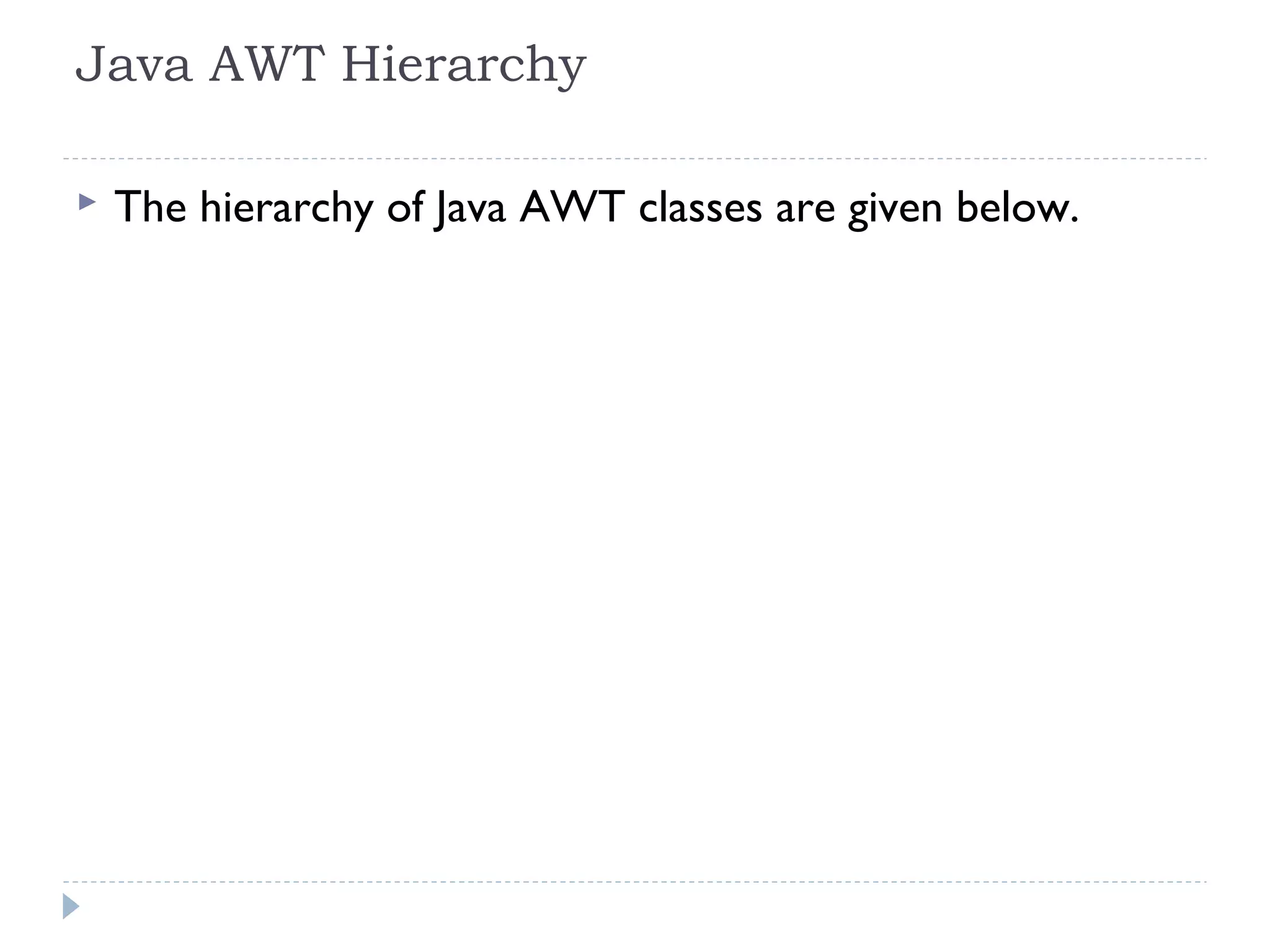 Java AWT Hierarchy
 The hierarchy of Java AWT classes are given below.
 