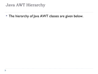 Java AWT Hierarchy
 The hierarchy of Java AWT classes are given below.
 