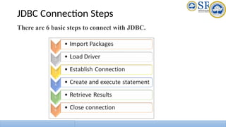 JDBC Connection Steps
There are 6 basic steps to connect with JDBC.
 