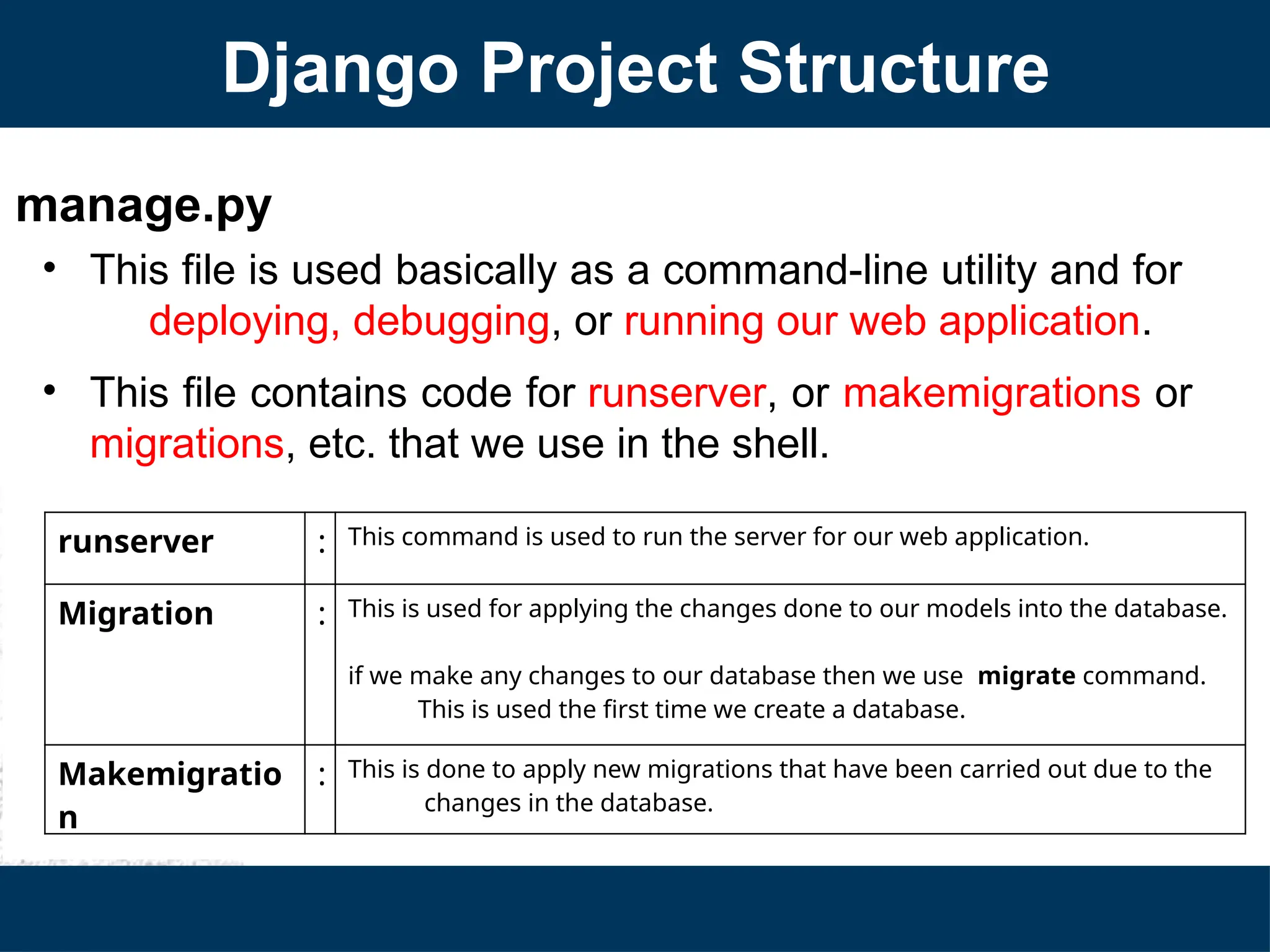 Django Project Structure
manage.py
• This file is used basically as a command-line utility and for
deploying, debugging, or running our web application.
• This file contains code for runserver, or makemigrations or
migrations, etc. that we use in the shell.
runserver : This command is used to run the server for our web application.
Migration : This is used for applying the changes done to our models into the database.
if we make any changes to our database then we use migrate command.
This is used the first time we create a database.
Makemigratio
n
: This is done to apply new migrations that have been carried out due to the
changes in the database.
 