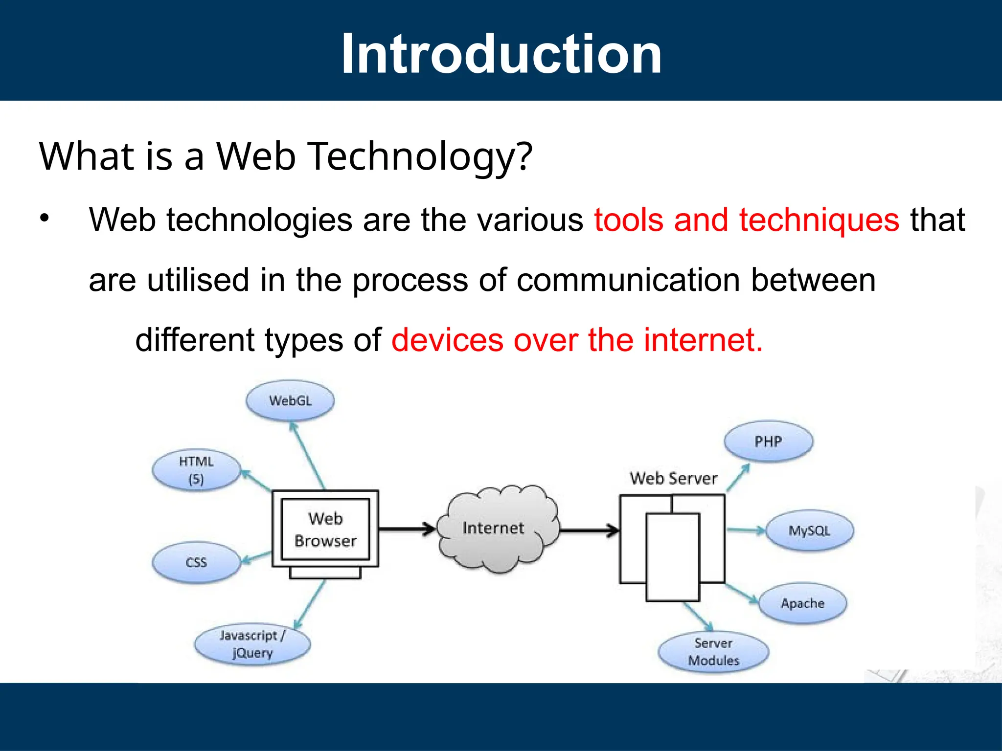 What is a Web Technology?
• Web technologies are the various tools and techniques that
are utilised in the process of communication between
different types of devices over the internet.
Introduction
 