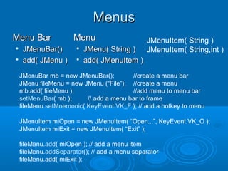 MenusMenus
Menu BarMenu Bar

JMenuBar()JMenuBar()

add( JMenu )add( JMenu )
MenuMenu

JMenu( String )JMenu( String )

add( JMenuItem )add( JMenuItem )
JMenuBar mb = new JMenuBar(); //create a menu bar
JMenu fileMenu = new JMenu (“File”); //create a menu
mb.add( fileMenu ); //add menu to menu bar
setMenuBar( mb ); // add a menu bar to frame
fileMenu.setMnemonic( KeyEvent.VK_F ); // add a hotkey to menu
JMenuItem miOpen = new JMenuItem( “Open...”, KeyEvent.VK_O );
JMenuItem miExit = new JMenuItem( “Exit” );
fileMenu.add( miOpen ); // add a menu item
fileMenu.addSeparator(); // add a menu separator
fileMenu.add( miExit );
JMenuItem( String )
JMenuItem( String,int )
 