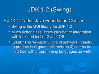JDK 1.2 (Swing)JDK 1.2 (Swing)
 JDK 1.2 adds Java Foundation ClassesJDK 1.2 adds Java Foundation Classes

Swing is the GUI library for JDK 1.2Swing is the GUI library for JDK 1.2

Much richer class library plus better integrationMuch richer class library plus better integration
with look and feel of GUI of OSwith look and feel of GUI of OS

Eckel: "The ‘revision 3’ rule of software industryEckel: "The ‘revision 3’ rule of software industry
(a product isn’t good until revision 3) seems to(a product isn’t good until revision 3) seems to
hold true with programming languages as well."hold true with programming languages as well."
 