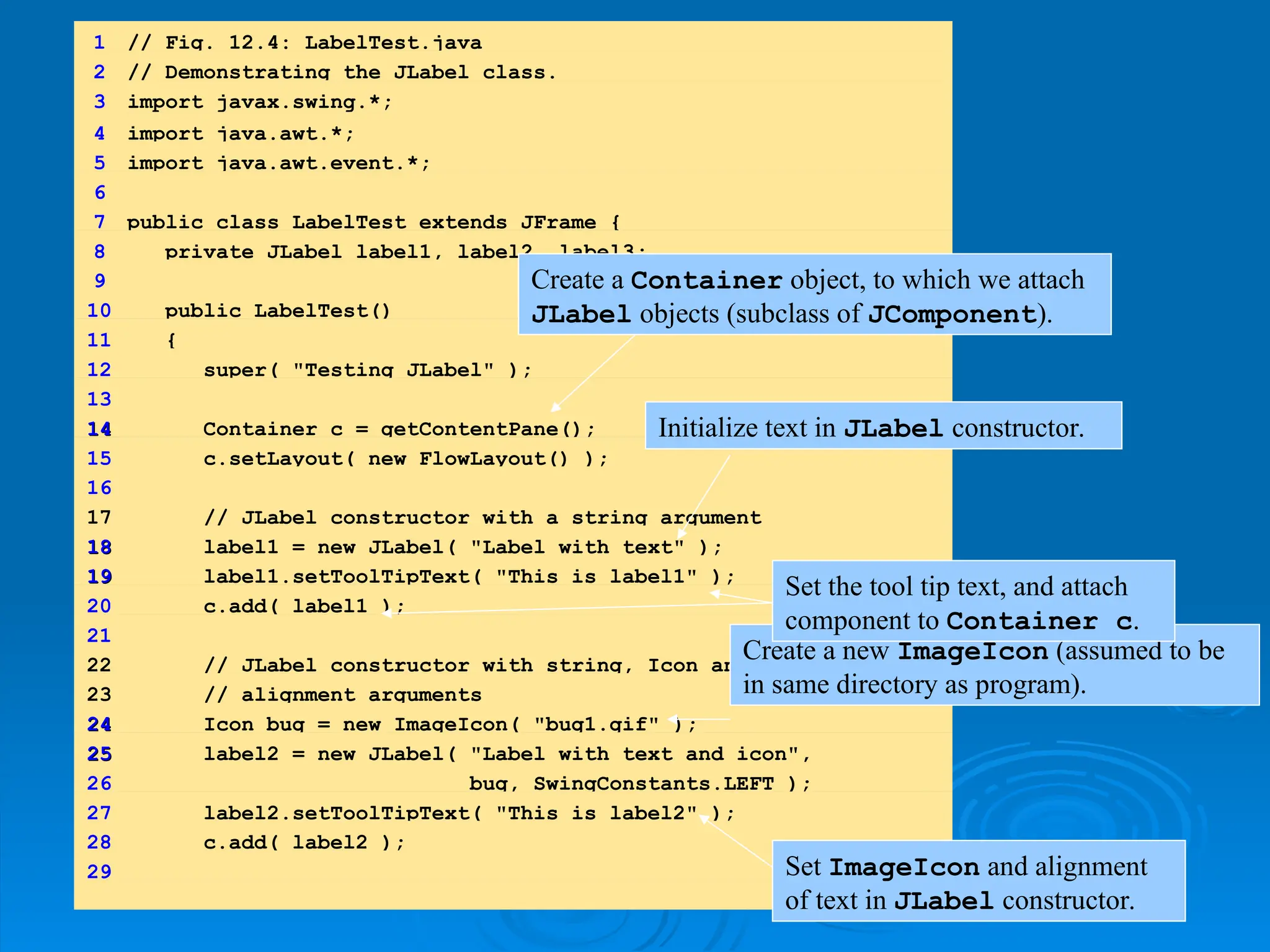 1 // Fig. 12.4: LabelTest.java
2 // Demonstrating the JLabel class.
3 import javax.swing.*;
4 import java.awt.*;
5 import java.awt.event.*;
6
7 public class LabelTest extends JFrame {
8 private JLabel label1, label2, label3;
9
10 public LabelTest()
11 {
12 super( "Testing JLabel" );
13
14
14 Container c = getContentPane();
15 c.setLayout( new FlowLayout() );
16
17 // JLabel constructor with a string argument
18
18 label1 = new JLabel( "Label with text" );
19
19 label1.setToolTipText( "This is label1" );
20 c.add( label1 );
21
22 // JLabel constructor with string, Icon and
23 // alignment arguments
24
24 Icon bug = new ImageIcon( "bug1.gif" );
25
25 label2 = new JLabel( "Label with text and icon",
26 bug, SwingConstants.LEFT );
27 label2.setToolTipText( "This is label2" );
28 c.add( label2 );
29
Create a Container object, to which we attach
JLabel objects (subclass of JComponent).
Initialize text in JLabel constructor.
Create a new ImageIcon (assumed to be
in same directory as program).
Set ImageIcon and alignment
of text in JLabel constructor.
Set the tool tip text, and attach
component to Container c.
 