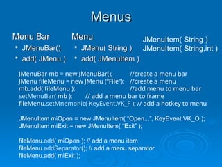 Menus
Menus
Menu Bar
Menu Bar

JMenuBar()
JMenuBar()

add( JMenu )
add( JMenu )
Menu
Menu

JMenu( String )
JMenu( String )

add( JMenuItem )
add( JMenuItem )
JMenuBar mb = new JMenuBar(); //create a menu bar
JMenu fileMenu = new JMenu (“File”); //create a menu
mb.add( fileMenu ); //add menu to menu bar
setMenuBar( mb ); // add a menu bar to frame
fileMenu.setMnemonic( KeyEvent.VK_F ); // add a hotkey to menu
JMenuItem miOpen = new JMenuItem( “Open...”, KeyEvent.VK_O );
JMenuItem miExit = new JMenuItem( “Exit” );
fileMenu.add( miOpen ); // add a menu item
fileMenu.addSeparator(); // add a menu separator
fileMenu.add( miExit );
JMenuItem( String )
JMenuItem( String,int )
 