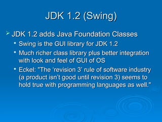 JDK 1.2 (Swing)
JDK 1.2 (Swing)
 JDK 1.2 adds Java Foundation Classes
JDK 1.2 adds Java Foundation Classes

Swing is the GUI library for JDK 1.2
Swing is the GUI library for JDK 1.2

Much richer class library plus better integration
Much richer class library plus better integration
with look and feel of GUI of OS
with look and feel of GUI of OS

Eckel: "The ‘revision 3’ rule of software industry
Eckel: "The ‘revision 3’ rule of software industry
(a product isn’t good until revision 3) seems to
(a product isn’t good until revision 3) seems to
hold true with programming languages as well."
hold true with programming languages as well."
 