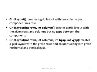 • GridLayout(): creates a grid layout with one column per
component in a row.
• GridLayout(int rows, int columns): creates a grid layout with
the given rows and columns but no gaps between the
components.
• GridLayout(int rows, int columns, int hgap, int vgap): creates
a grid layout with the given rows and columns alongwith given
horizontal and vertical gaps.
AWT- SOUMYA K 37
 