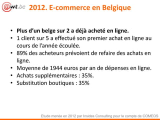 • Plus d’un belge sur 2 a déjà acheté en ligne.
• 1 client sur 5 a effectué son premier achat en ligne au
cours de l’année...