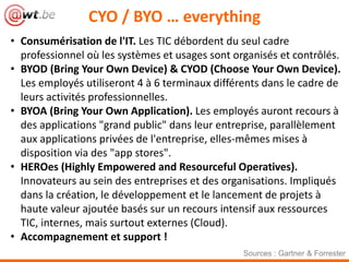 CYO / BYO … everything
• Consumérisation de l'IT. Les TIC débordent du seul cadre
professionnel où les systèmes et usages ...
