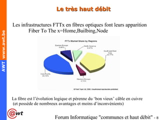 Le très haut débit Les infrastructures FTTx en fibres optiques font leurs apparition Fiber To The x=Home,Builbing,Node La fibre est l’évolution logique et pérenne du ‘bon vieux’ câble en cuivre  (et possède de nombreux avantages et moins d’inconvénients) 