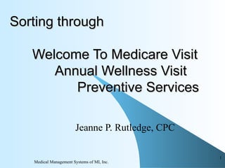 Sorting through  Welcome To Medicare Visit Annual Wellness Visit Preventive Services  Jeanne P. Rutledge, CPC Medical Management Systems of MI, Inc. ,[object Object]