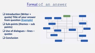 Format of an answer
 Introduction (Writer +
quote) Title of your answer
from question (Example)
 Sub-points (themes – sub
points)
 Use of dialogues – lines –
quotes
 Conclusion
 