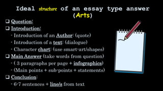 Ideal structure of an essay type answer
(Arts)
 Question:
 Introduction:
- Introduction of an Author: (quote)
- Introduction of a text: (dialogue)
- Character chart: (use smart-art/shapes)
 Main Answer (take words from question)
- ( 3 paragraphs per page + infographics)
- (Main points + sub-points + statements)
 Conclusion:
- 6-7 sentences + line/s from text
 