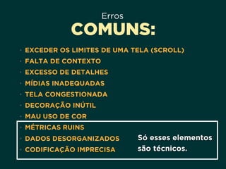 Erros
COMUNS:
• EXCEDER OS LIMITES DE UMA TELA (SCROLL)
• FALTA DE CONTEXTO
• EXCESSO DE DETALHES
• MÍDIAS INADEQUADAS
• TELA CONGESTIONADA
• DECORAÇÃO INÚTIL
• MAU USO DE COR
• MÉTRICAS RUINS
• DADOS DESORGANIZADOS
• CODIFICAÇÃO IMPRECISA
Só esses elementos
são técnicos.
 